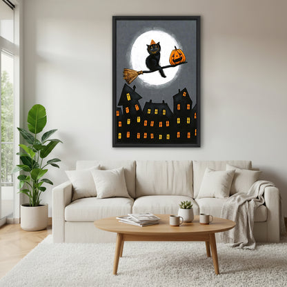 Halloween black cat witch hat broomstick pumpkin full moon haunted town black framed canvas wall art above wide cream linen sofa with plaid throw wood oval coffee table and succulent