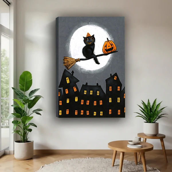 Halloween black cat orange striped witch hat broomstick jack-o-lantern full moon haunted gothic town gallery wrap canvas wall art on gray wall above wood round table with green plants