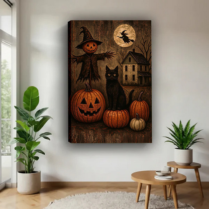 Rustic Halloween black cat canvas wall art in a black frame above a cream living room sofa.