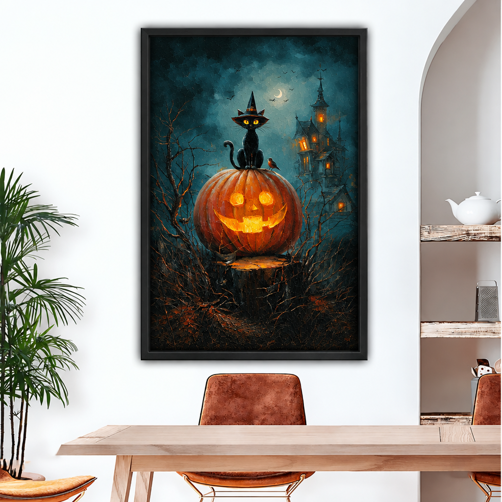 Framed Halloween black cat canvas wall art with a glowing jack-o'-lantern above a dining table.