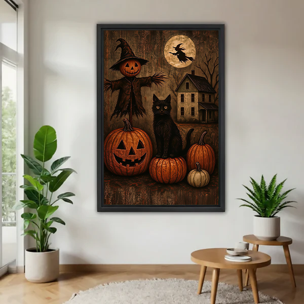 Framed Halloween black cat canvas wall art with pumpkins and a scarecrow displayed between potted plants.
