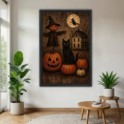 Framed Halloween black cat canvas wall art with pumpkins and a scarecrow displayed between potted plants.