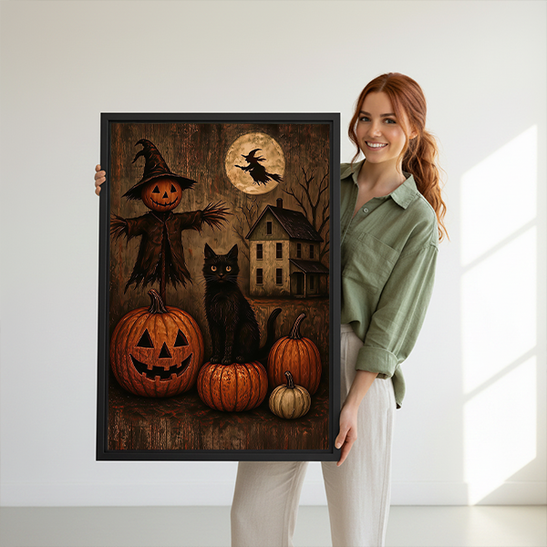 Gallery-wrap Halloween black cat canvas wall art featuring pumpkins, a scarecrow and a witch crossing the moon.