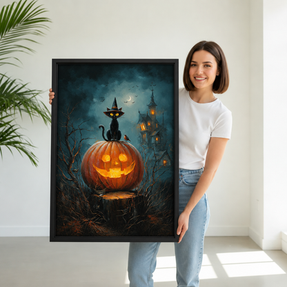 Woman holding framed Halloween black cat canvas wall art to show its scale.