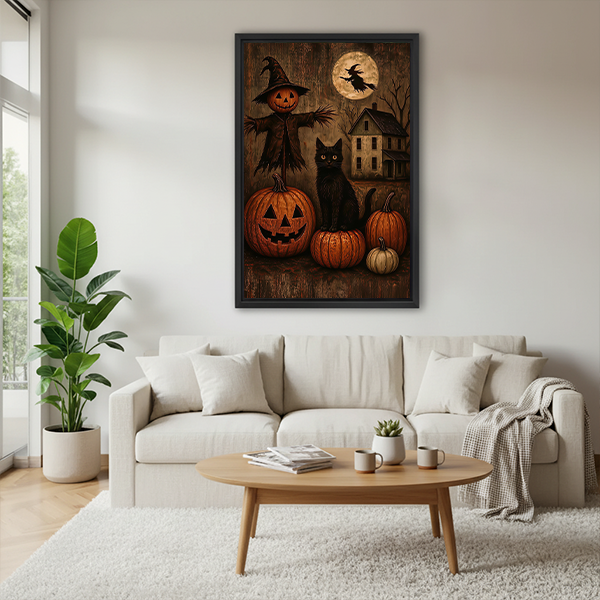 Woman holding framed Halloween black cat canvas wall art showing pumpkins, a scarecrow and a moonlit house.
