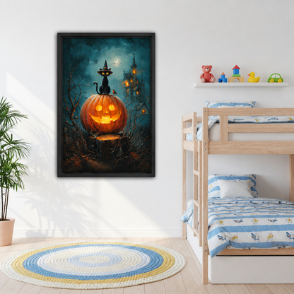 Framed Halloween black cat canvas wall art displayed beside a bunk bed in a kids' bedroom.