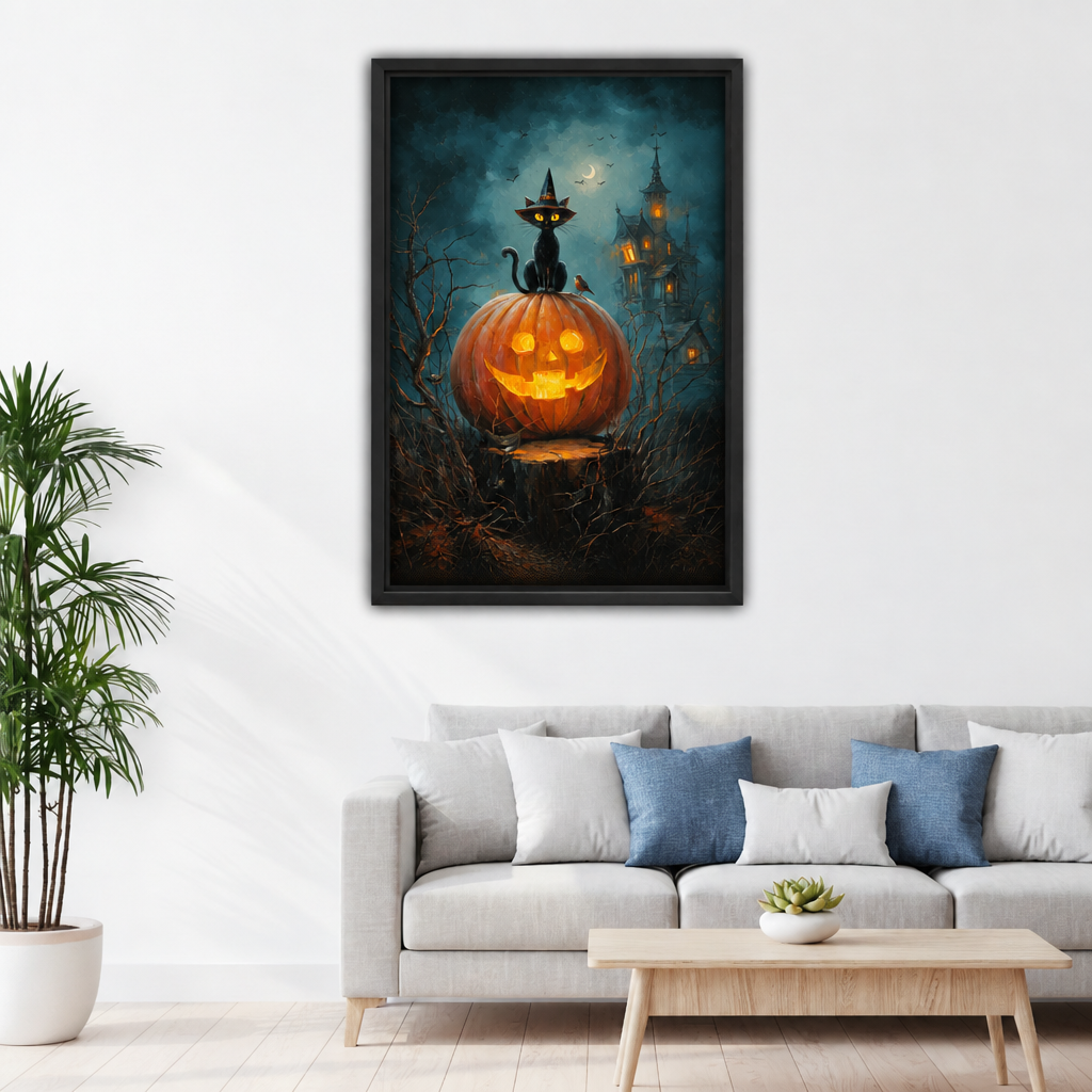 Framed Halloween black cat canvas wall art displayed above a living room sofa.