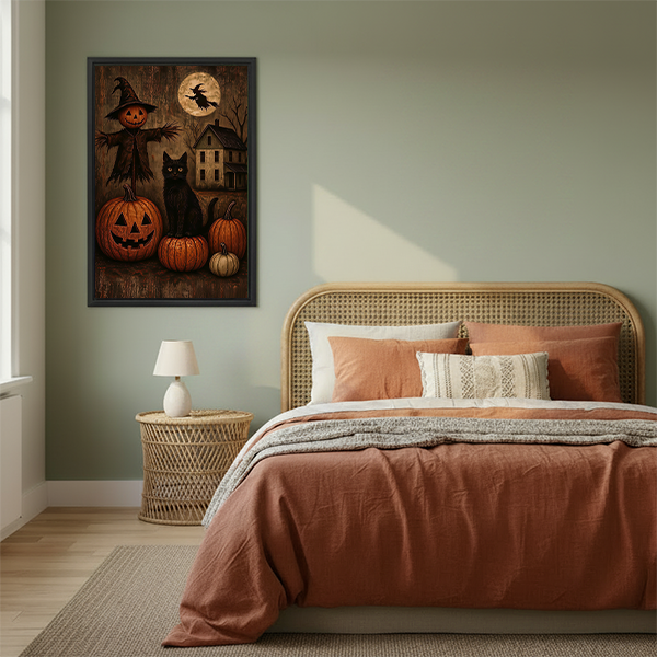 Black-framed Halloween black cat canvas wall art on a sage bedroom wall beside a rattan bed.