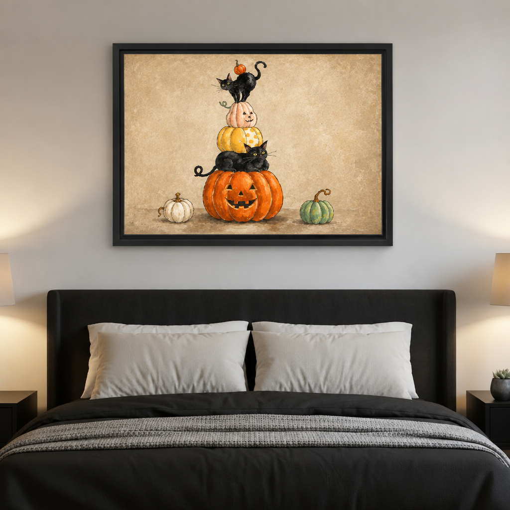 Halloween black cat pumpkin canvas wall art hangs above a bed in a softly lit bedroom