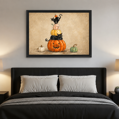 Halloween black cat pumpkin canvas wall art hangs above a bed in a softly lit bedroom