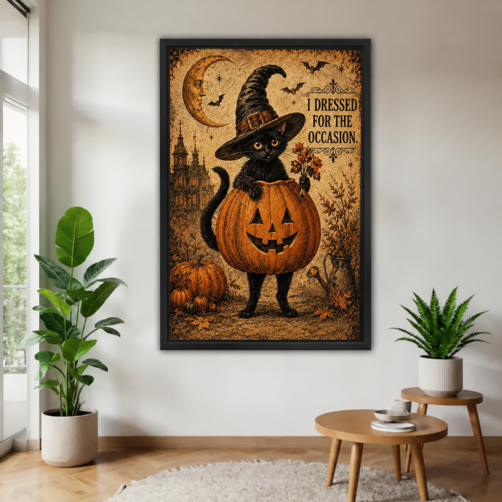 Black-framed Halloween black cat pumpkin canvas wall art displayed between leafy plants beside small wooden tables.
