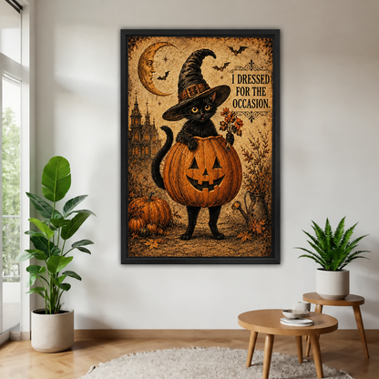 Black-framed Halloween black cat pumpkin canvas wall art displayed between leafy plants beside small wooden tables.