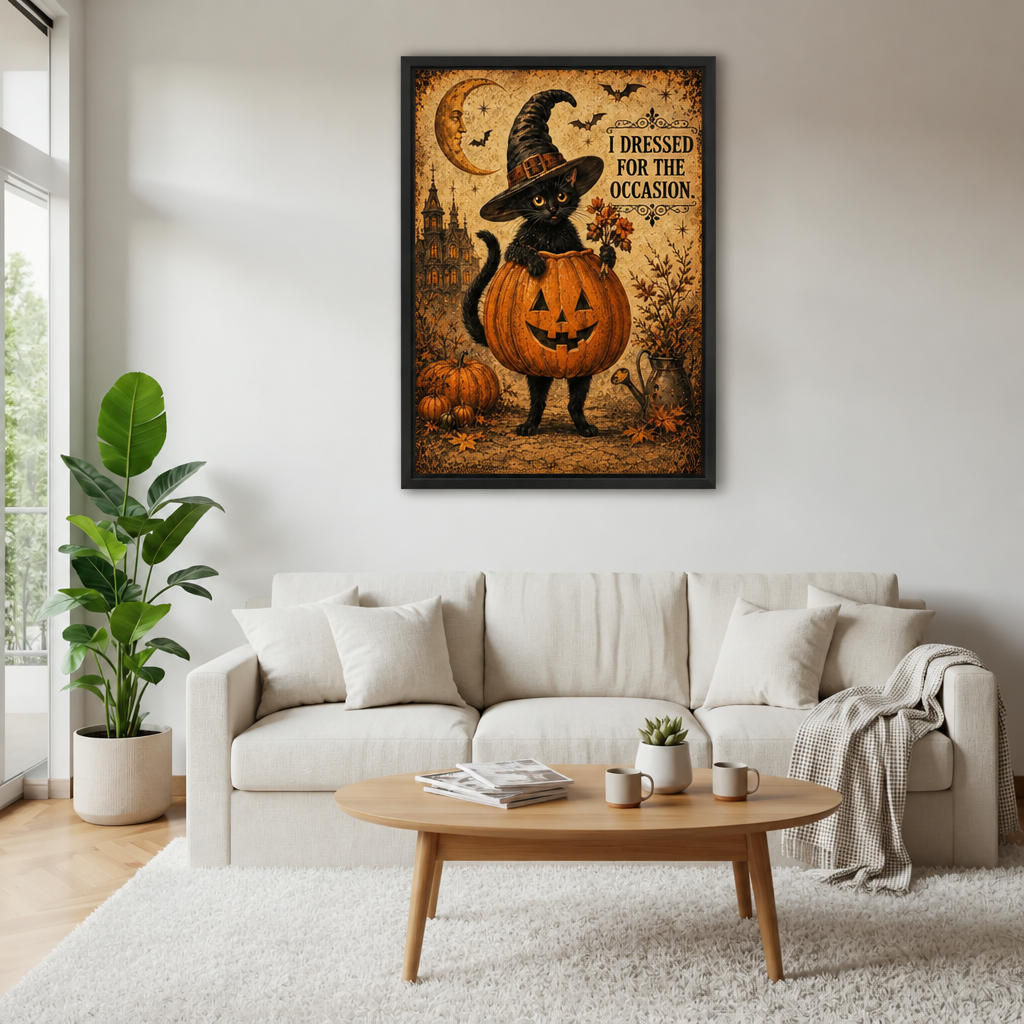 Halloween black cat pumpkin canvas wall art in a black frame above a cream sofa and wooden coffee table.