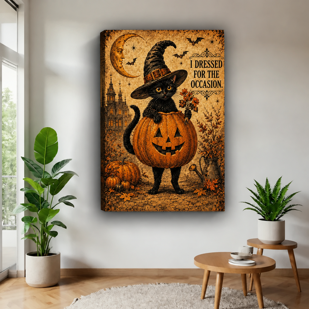 Gallery-wrapped Halloween black cat pumpkin canvas wall art with a witch hat and crescent moon near a window.