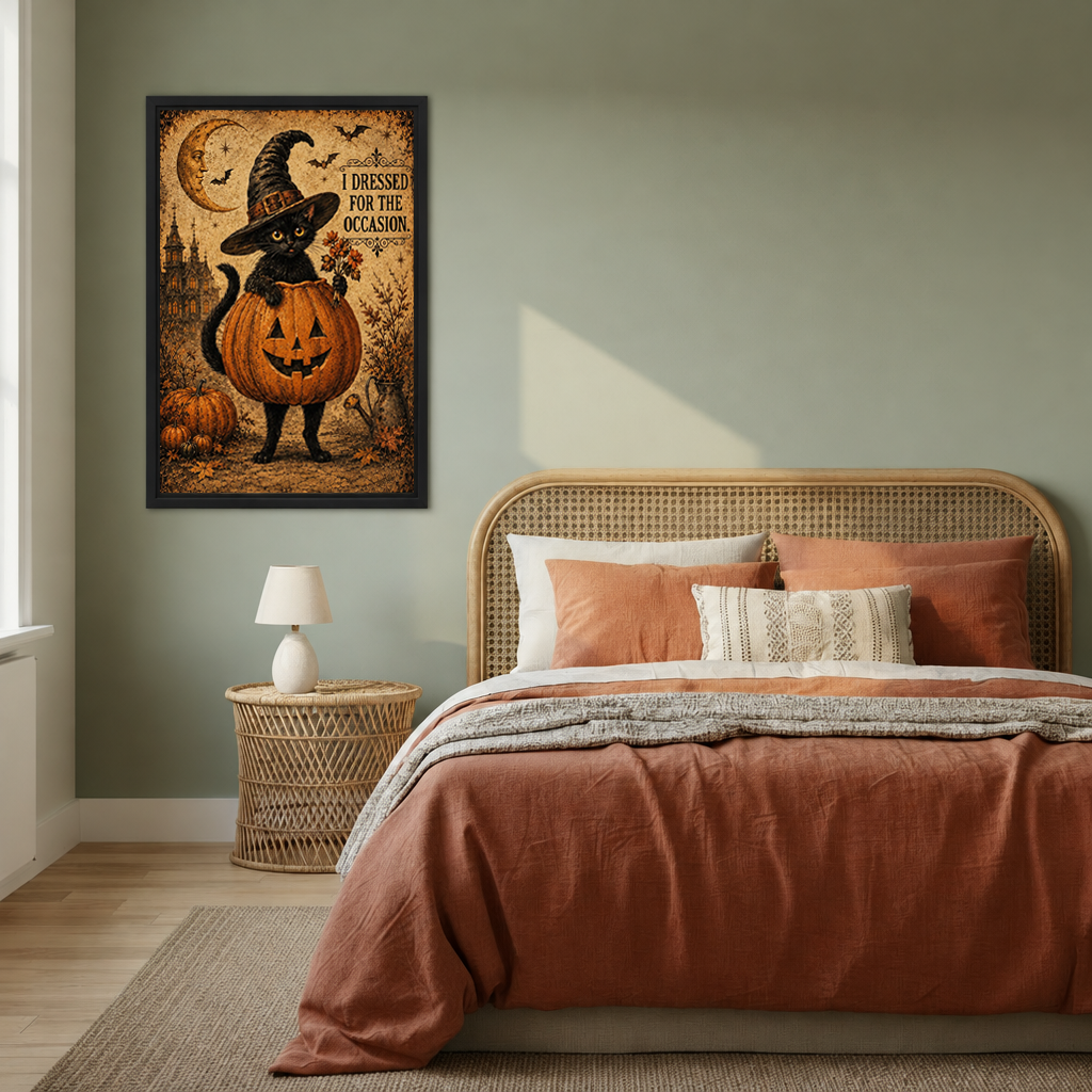 Framed Halloween black cat pumpkin canvas wall art beside a rattan bed with terracotta bedding and sage walls.