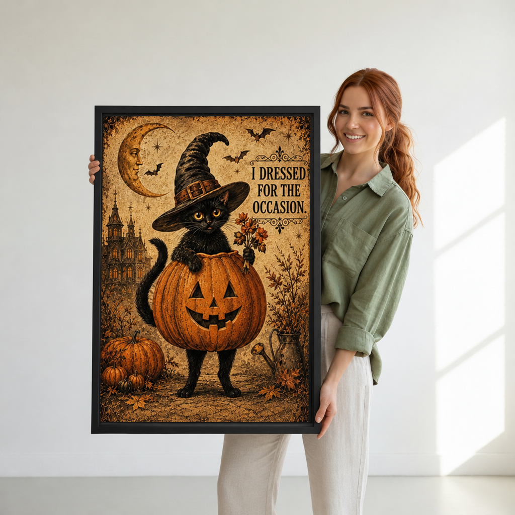 Woman holding framed Halloween black cat pumpkin canvas wall art featuring vintage lettering and warm autumn tones
