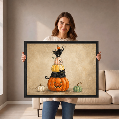 A woman holds framed Halloween black cat pumpkin canvas wall art with black cats and colorful pumpkins.