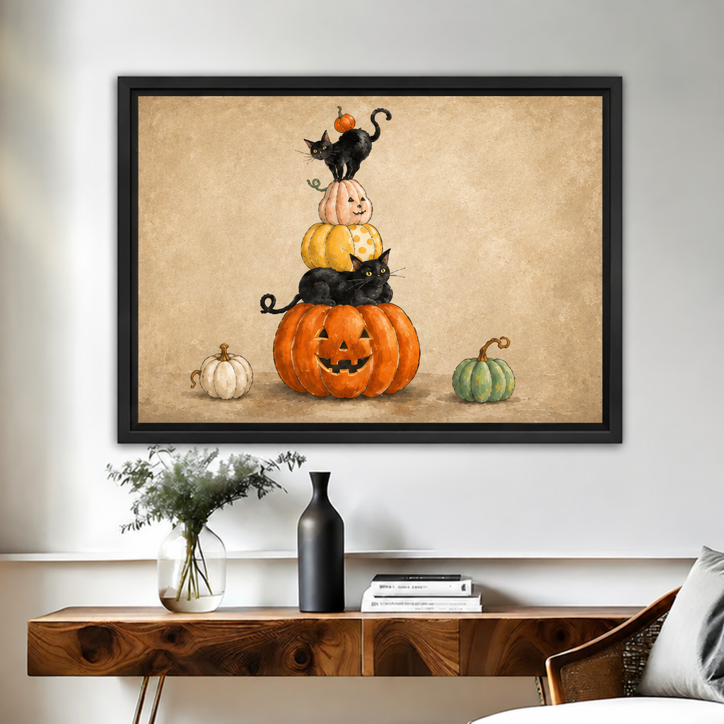Halloween black cat pumpkin canvas wall art in a black frame shows two cats perched on a stack of pumpkins.