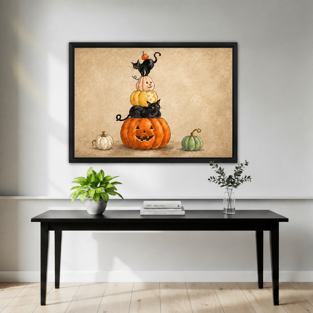 Framed Halloween black cat pumpkin canvas wall art decorates a living room wall above a console table.