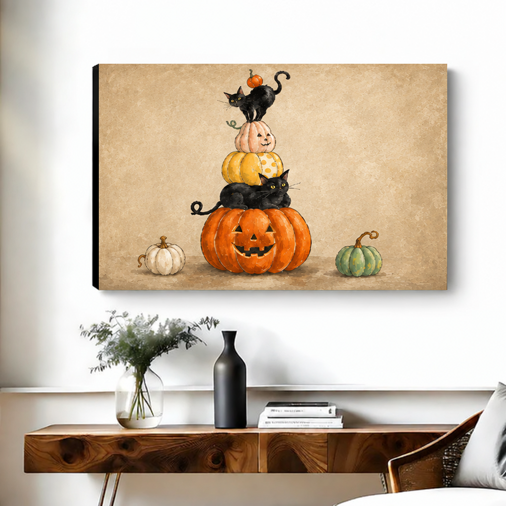 Gallery-wrap Halloween black cat pumpkin canvas wall art features two black cats atop a grinning jack-o’-lantern.