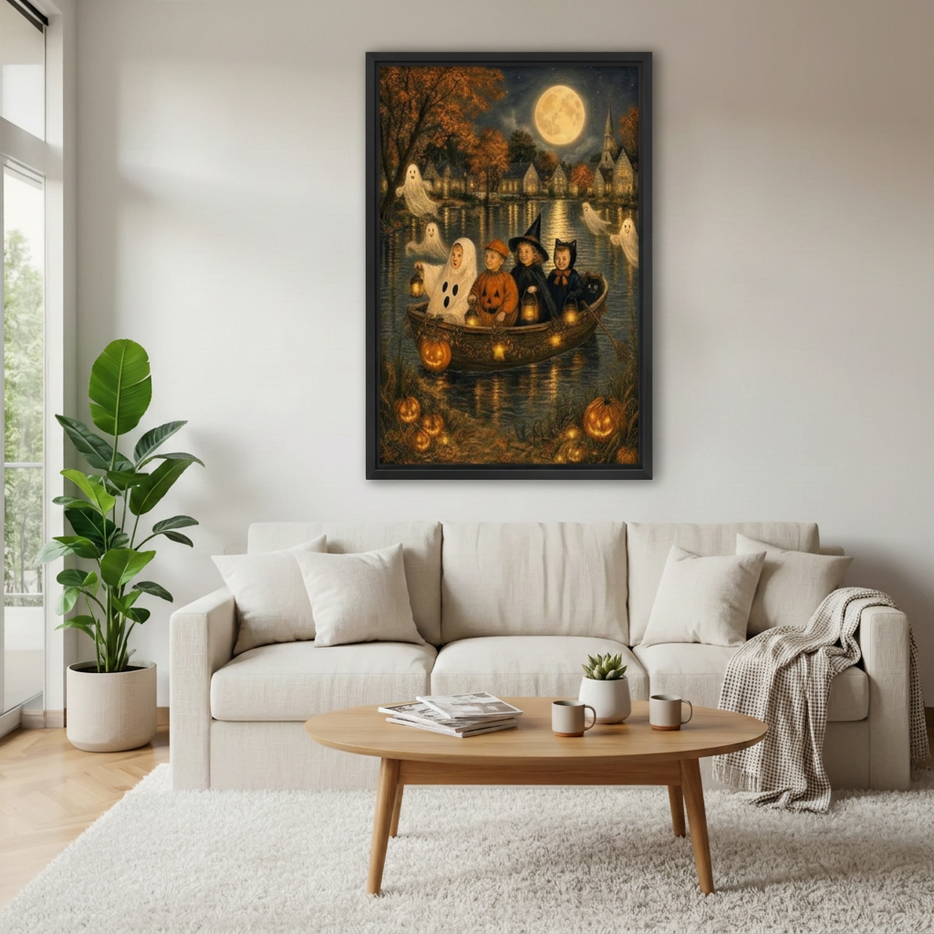 Halloween boat wall art in a black frame above a cream sofa, featuring ghosts, glowing pumpkins, and a moonlit village.