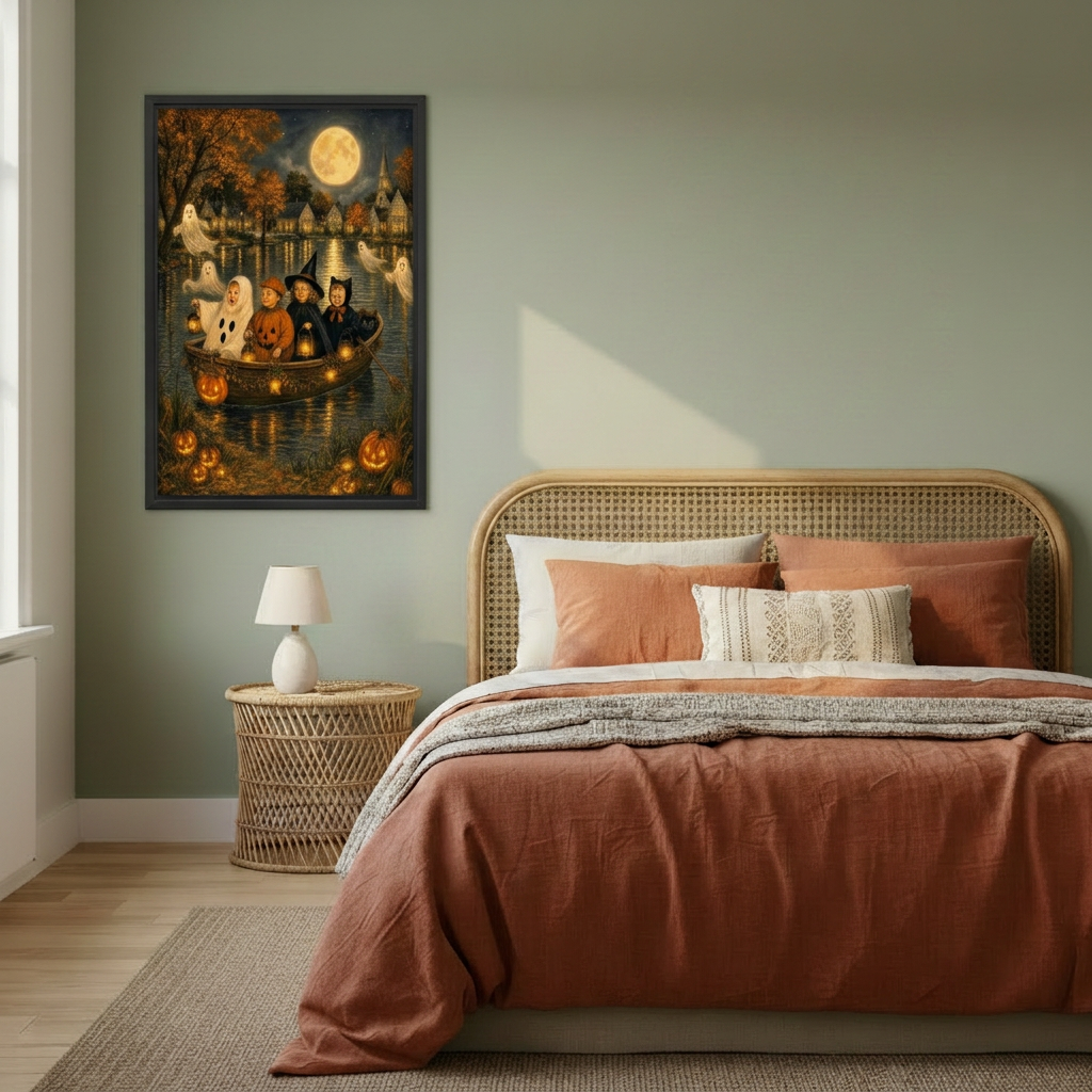 Black-framed Halloween boat wall art on a sage green bedroom wall beside a woven headboard and terracotta bedding.