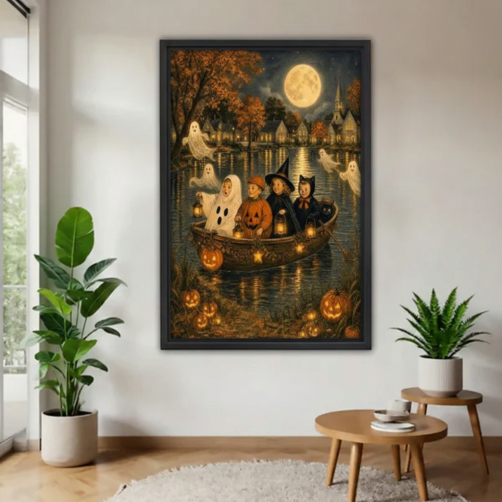 Black-framed Halloween boat wall art featuring costumed children, ghosts, and pumpkins under a full moon, displayed beside houseplants.