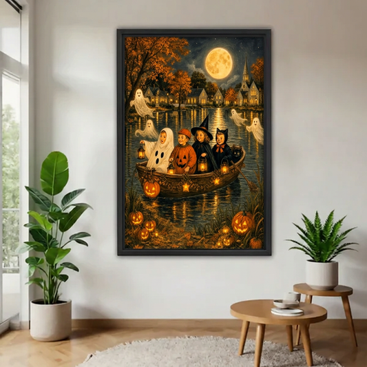 Black-framed Halloween boat wall art featuring costumed children, ghosts, and pumpkins under a full moon, displayed beside houseplants.