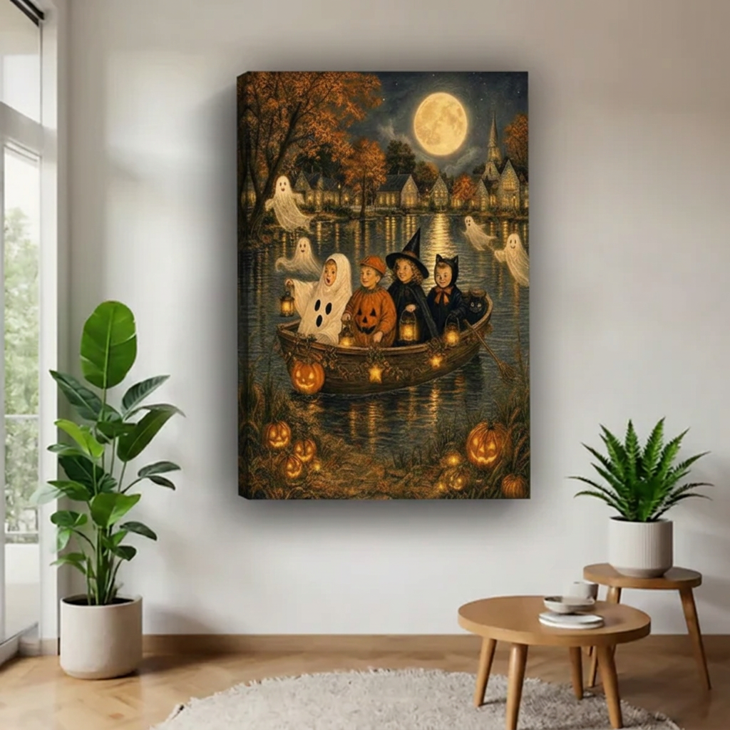 Frameless Halloween boat wall art canvas featuring costumed children, floating ghosts, and glowing pumpkins, displayed between houseplants.