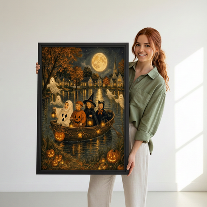 Woman holding black-framed Halloween boat wall art depicting costumed children with lanterns on a moonlit lake.