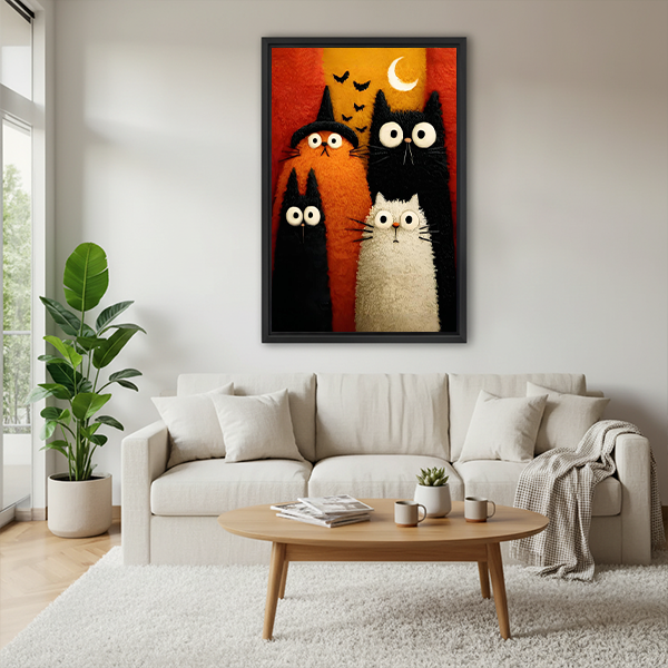 Whimsical Halloween cats canvas wall art in a black frame beside a bed with rust bedding and a woven headboard.