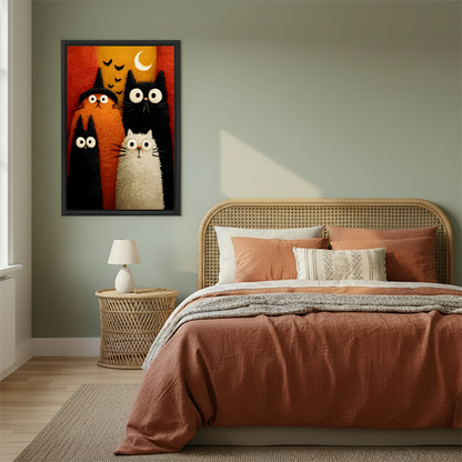 Black-framed Halloween cats canvas wall art featuring four cats beneath bats and a crescent moon above a cream sofa.
