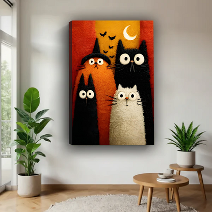 Black-framed Halloween cats canvas wall art with an orange witch-hat cat and three companions, displayed between plants.
