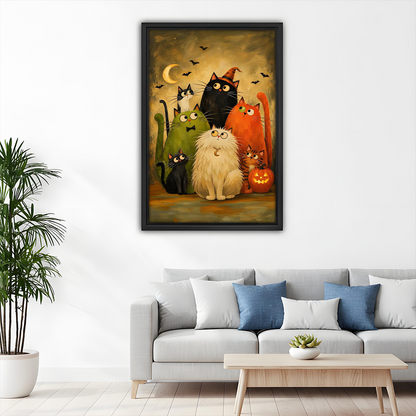Gallery-wrap Halloween cats canvas wall art with seven colorful cats and a crescent moon above a dining table.