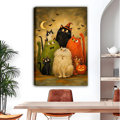 Framed Halloween cats canvas wall art featuring seven colorful cats, displayed above a dining table.