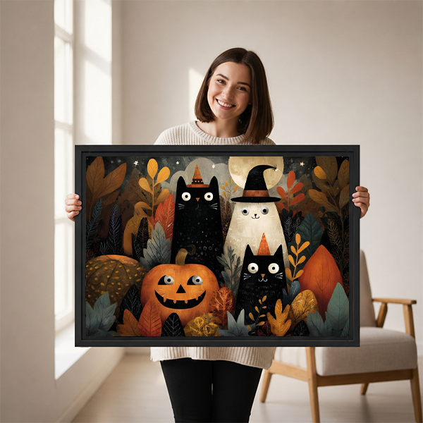 Woman holds framed Halloween cats and ghost canvas wall art with autumn leaves and a smiling jack-o’-lantern.
