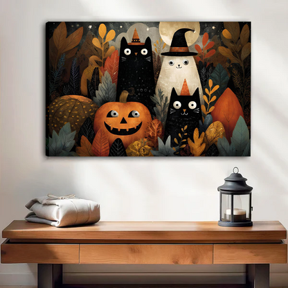 Framed Halloween cats and ghost canvas wall art featuring a pumpkin above a cream living room sofa.