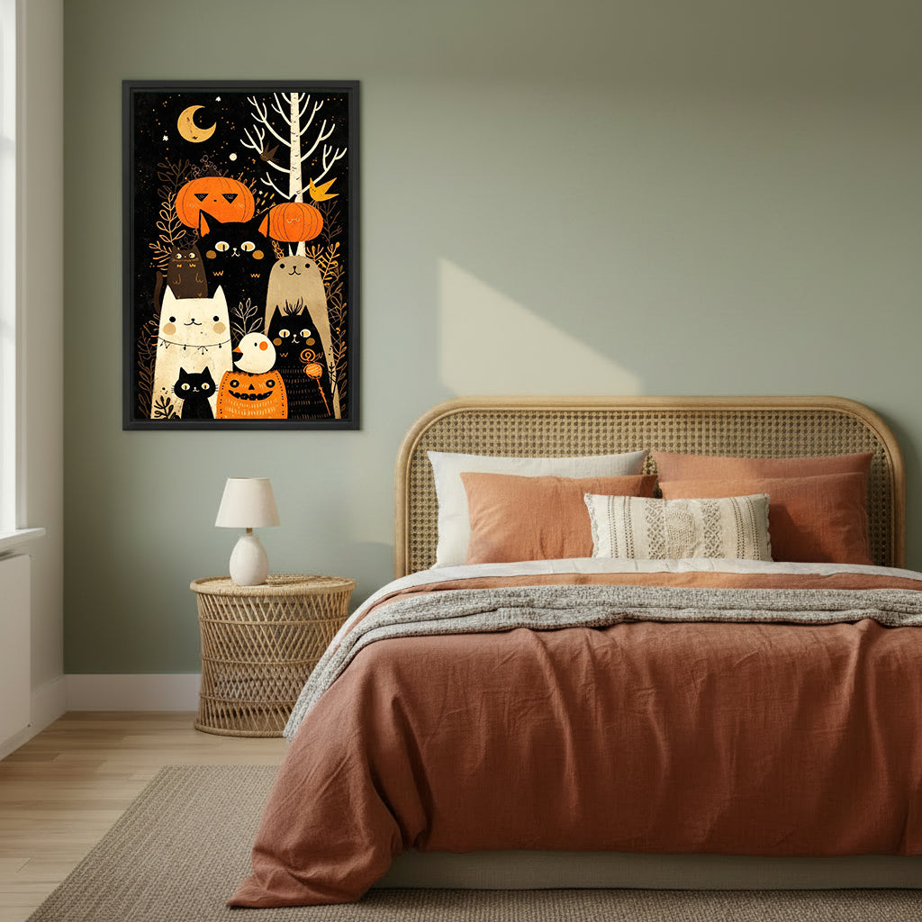 Halloween cats and pumpkins canvas wall art in a sage green bedroom