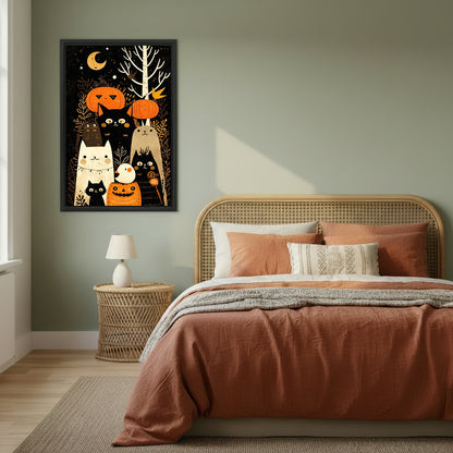 Halloween cats and pumpkins canvas wall art in a sage green bedroom