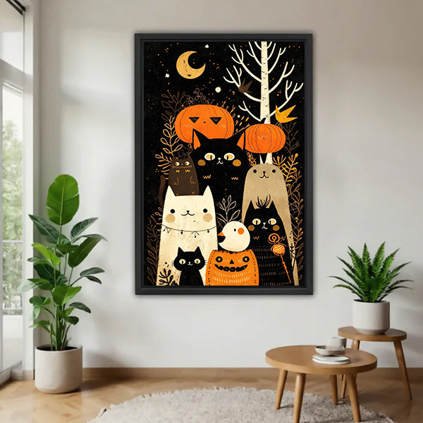 Black-framed Halloween cats and pumpkins canvas wall art displayed between potted plants