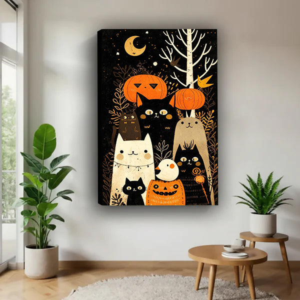 Gallery-wrap Halloween cats and pumpkins canvas wall art in a bright corner beside plants