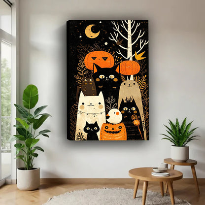 Gallery-wrap Halloween cats and pumpkins canvas wall art in a bright corner beside plants