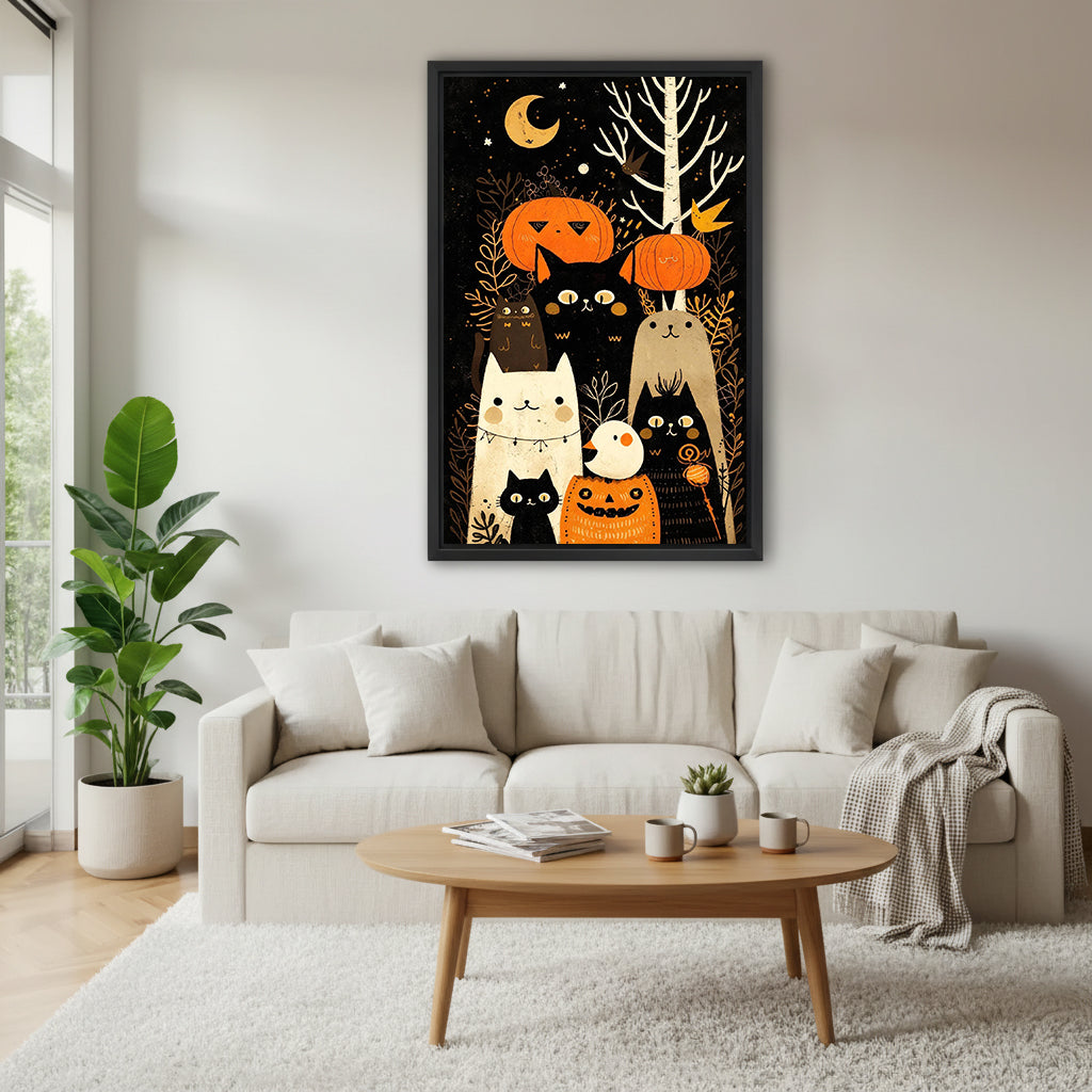 Folk art Halloween cats and pumpkins canvas wall art above a cream sofa