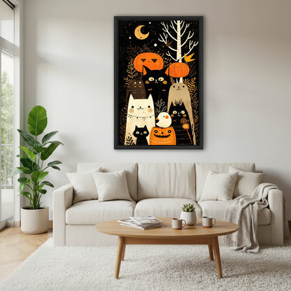 Folk art Halloween cats and pumpkins canvas wall art above a cream sofa