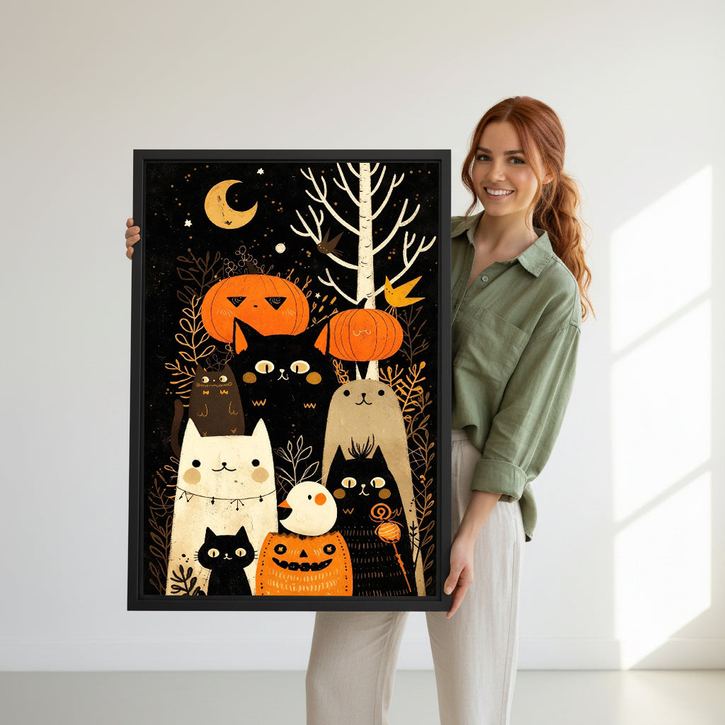 Model holding framed Halloween cats and pumpkins canvas wall art for size reference