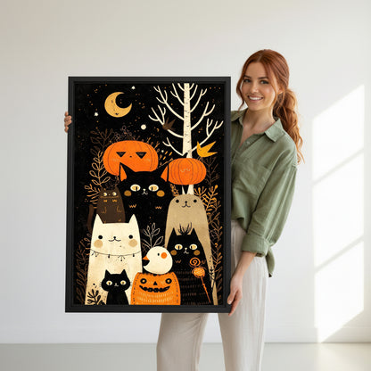 Model holding framed Halloween cats and pumpkins canvas wall art for size reference