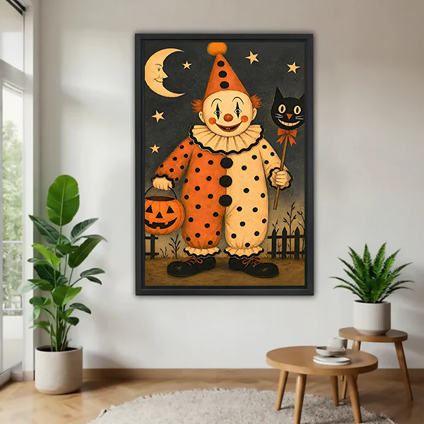 Gallery-wrap vintage Halloween clown canvas wall art with a pumpkin bucket and black cat wand between potted plants.