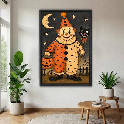 Gallery-wrap vintage Halloween clown canvas wall art with a pumpkin bucket and black cat wand between potted plants.
