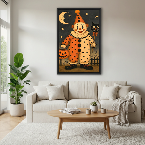 Black-framed Halloween clown canvas wall art depicting a smiling clown beneath a crescent moon, displayed between plants.