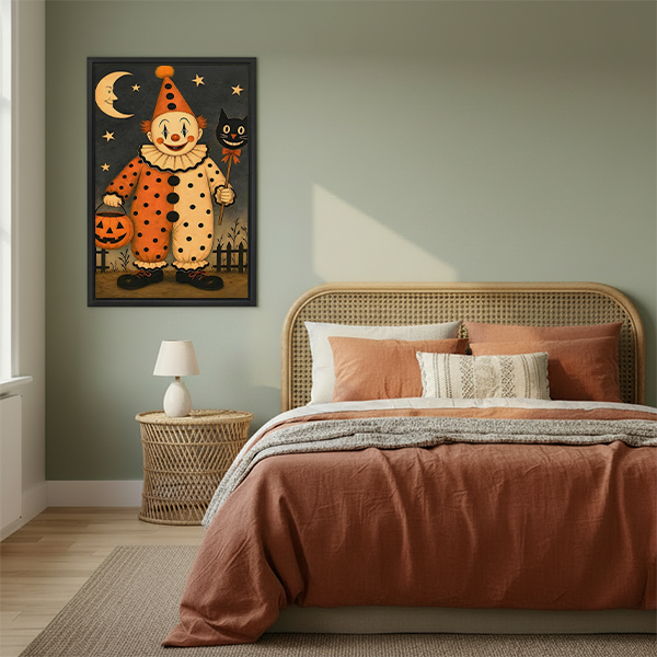 Black-framed vintage Halloween clown canvas wall art with a jack-o'-lantern bucket and cat wand above a cream sofa.